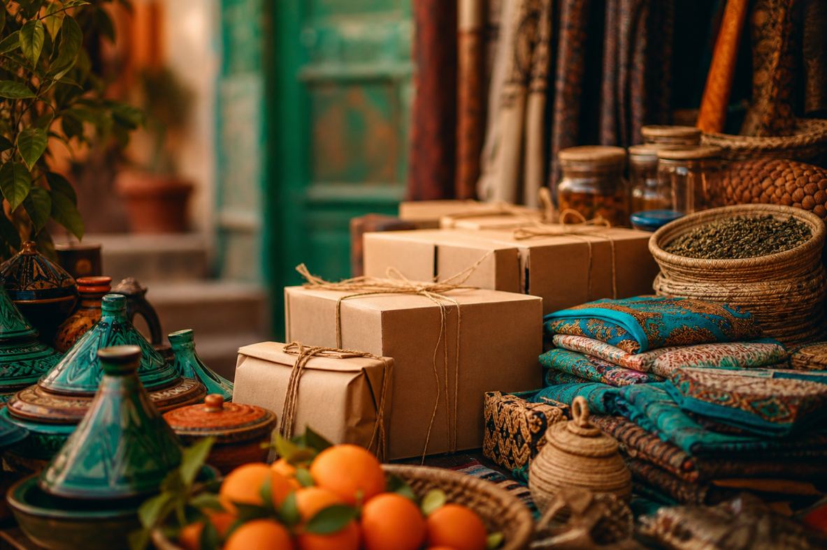 ASWAKY. Maghreb marketplace atmosphere with parcels and market goods