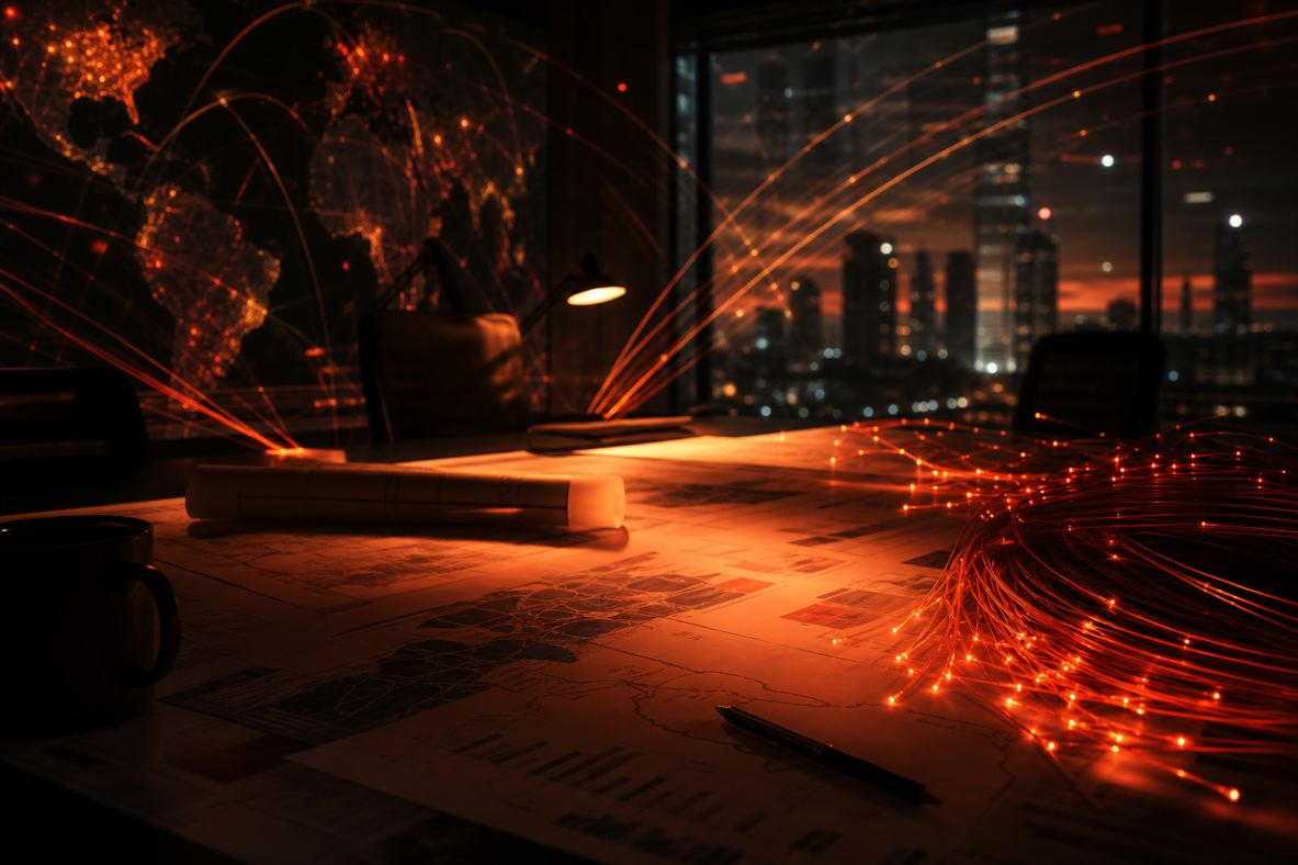 NEXORIA, dark tender war-room with orange data glow